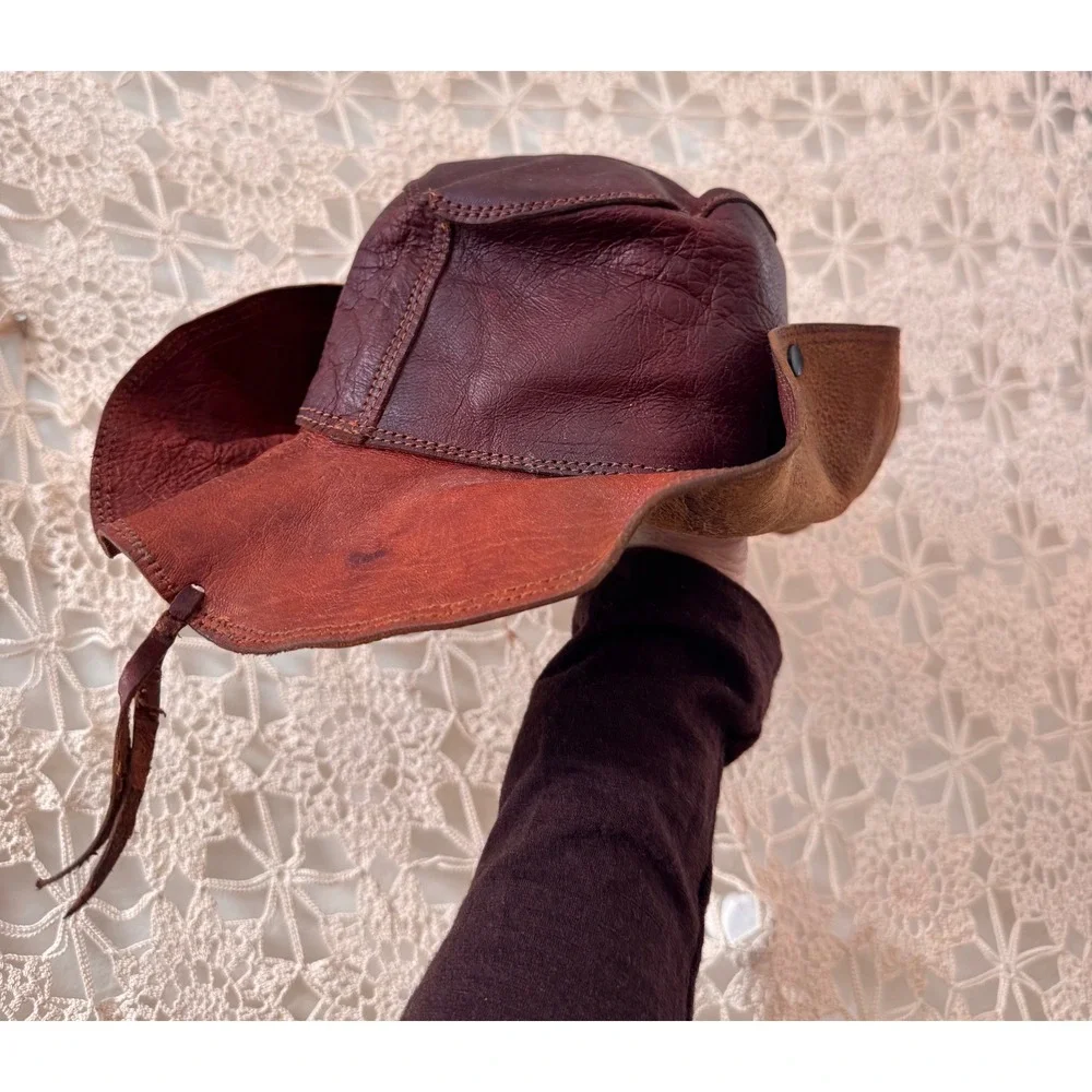 Vintage‎ 70's Brown Leather Rancher Hat Snap Up Brim Western Cowboy S